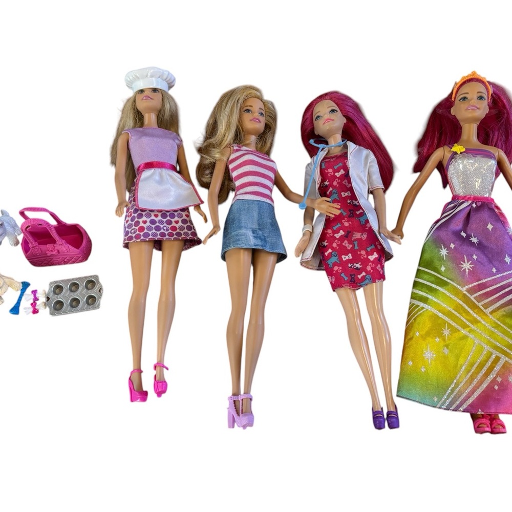 4 different Barbie Dolls and 8 dolls accessories
